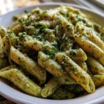 A close-up shot of penne pasta coated thoroughly in creamy pesto pasta sauce, topped with grated cheese.