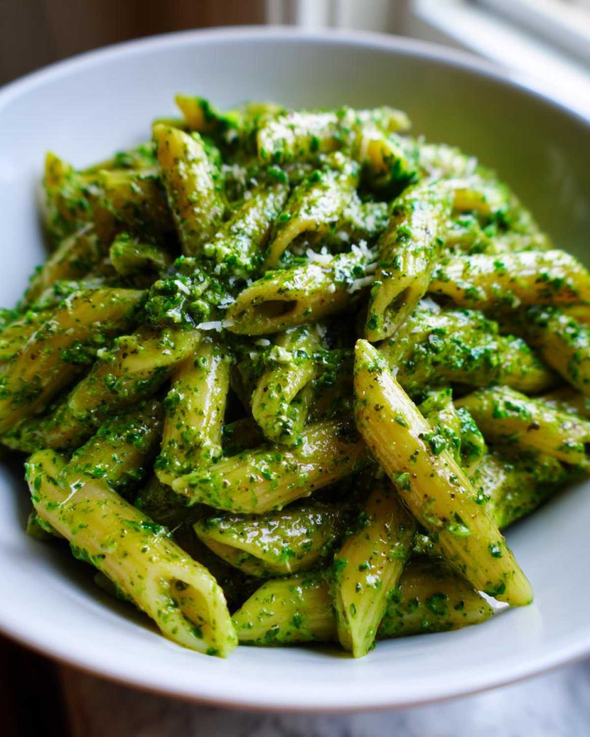 A bowl filled with penne pasta coated in vibrant green creamy pesto pasta sauce, topped with grated cheese.