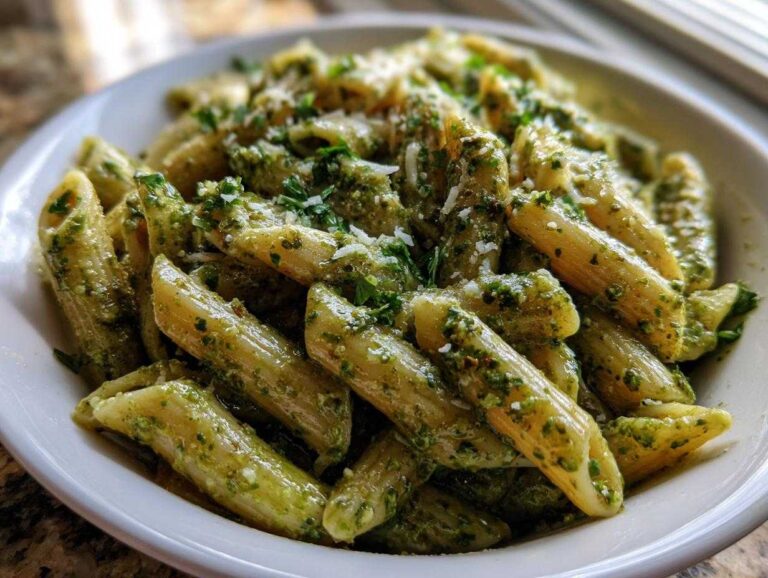 A close-up shot of penne pasta coated thoroughly in creamy pesto pasta sauce, topped with grated cheese.