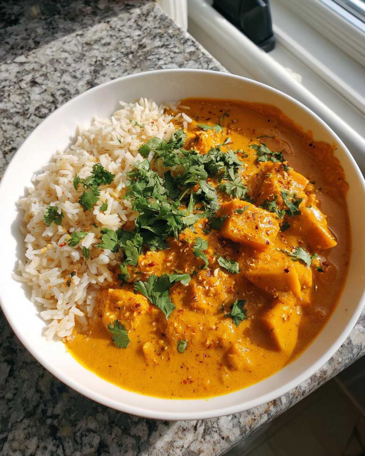 A white bowl filled with vibrant orange pumpkin curry and brown rice, garnished with fresh cilantro.