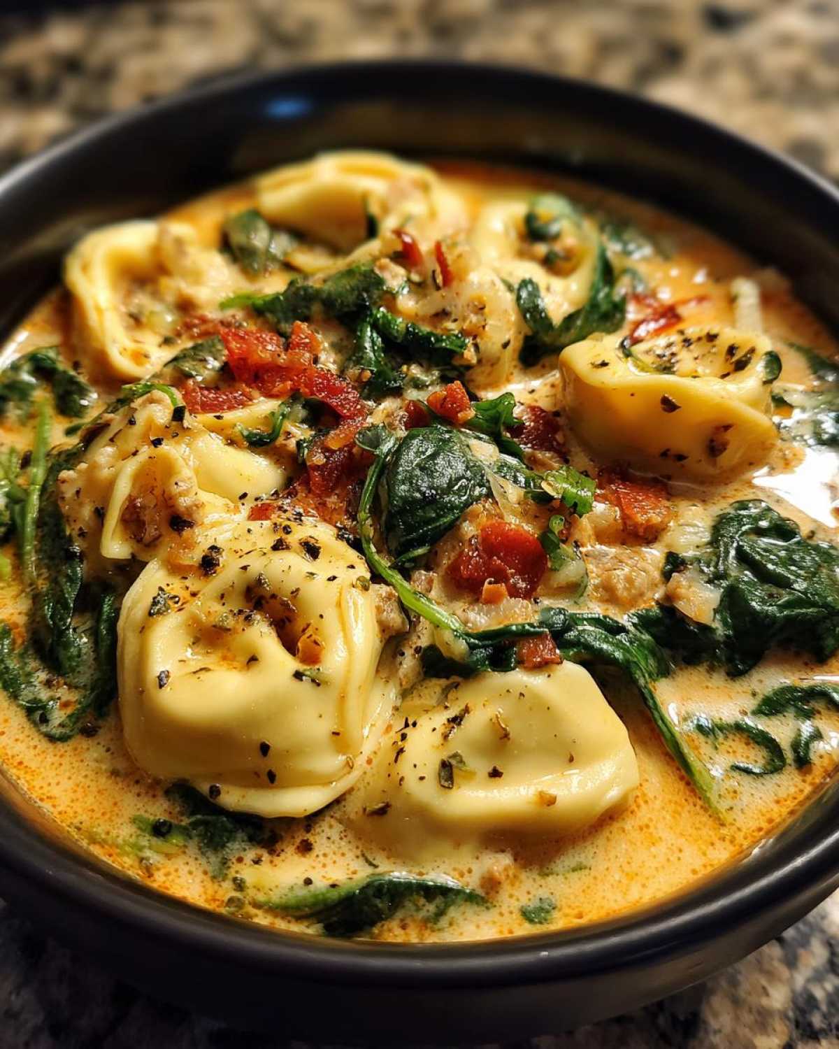 Close-up of a rich, creamy sausage tortellini soup loaded with spinach and sun-dried tomatoes.
