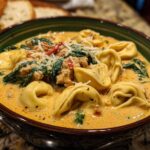 Close-up of a hearty bowl of creamy sausage tortellini soup topped with spinach and Parmesan cheese.