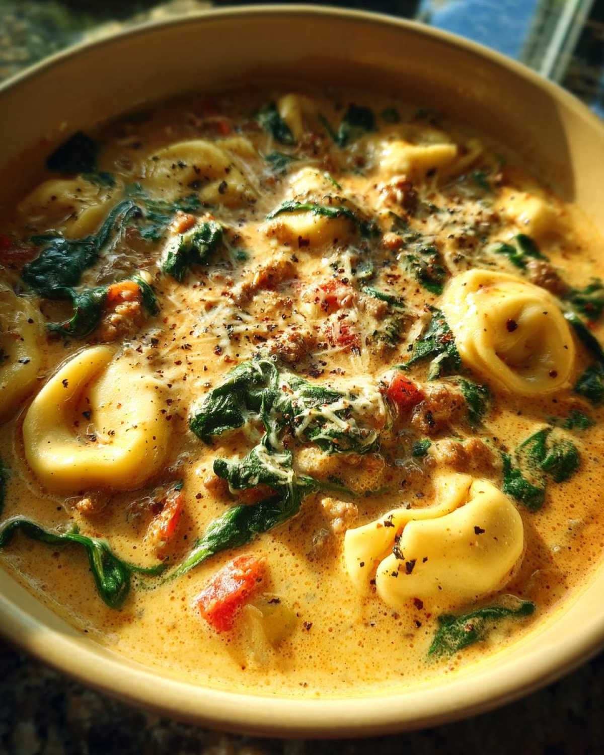 Close-up of a rich, creamy sausage tortellini soup filled with tortellini pasta, spinach, and ground sausage, topped with pepper.