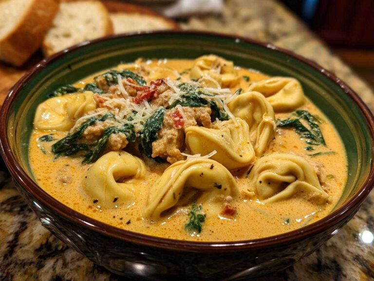 Close-up of a hearty bowl of creamy sausage tortellini soup topped with spinach and Parmesan cheese.