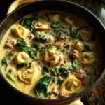 Close-up of creamy sausage tortellini soup with spinach, garnished with herbs, served hot in a dark skillet.