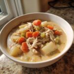 Close-up of a white bowl filled with creamy slow cooker chicken stew, featuring shredded chicken, carrots, and potatoes.