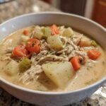 A close-up of a hearty bowl of creamy slow cooker chicken stew with visible chunks of carrots, potatoes, and celery.