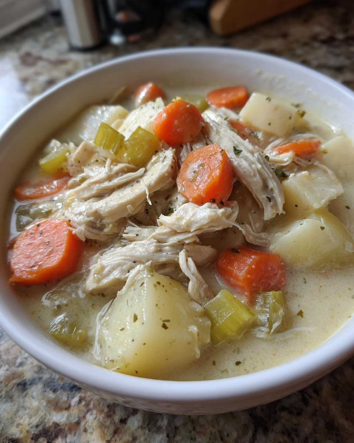 Close-up of a hearty bowl of creamy slow cooker chicken stew with shredded chicken, carrots, potatoes, and celery.
