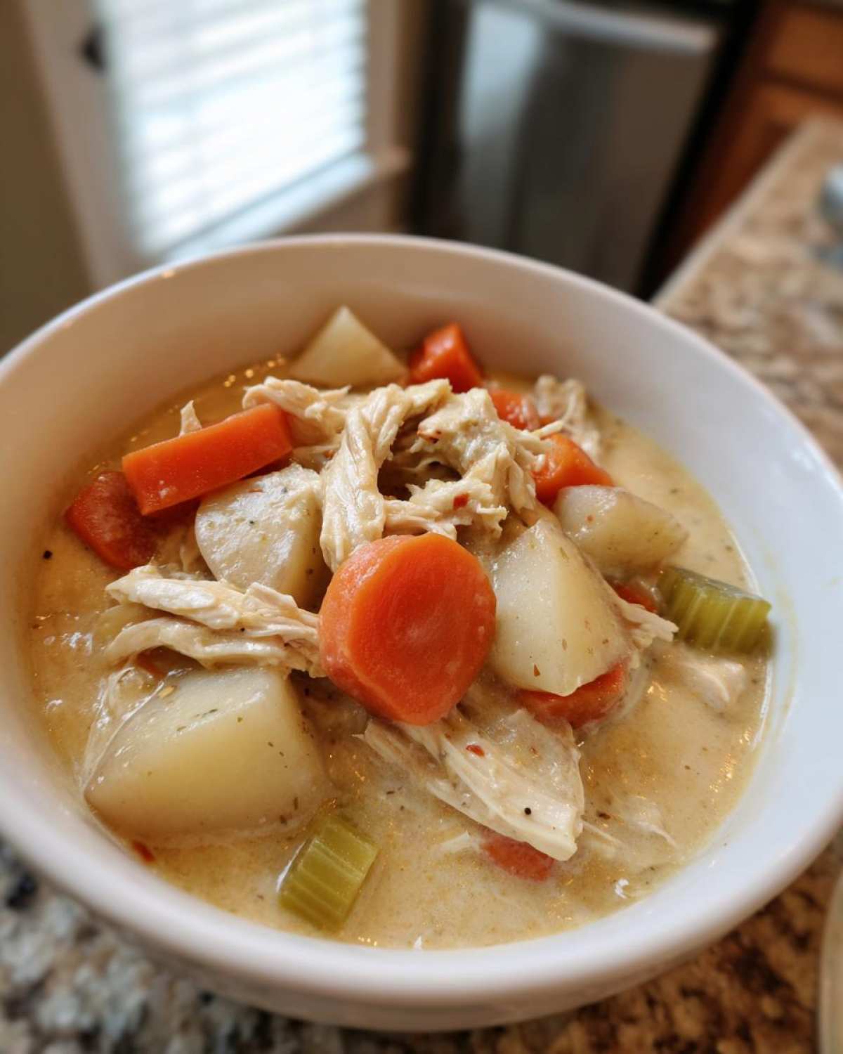 Close-up of a bowl of creamy slow cooker chicken stew with shredded chicken, carrots, potatoes, and celery.