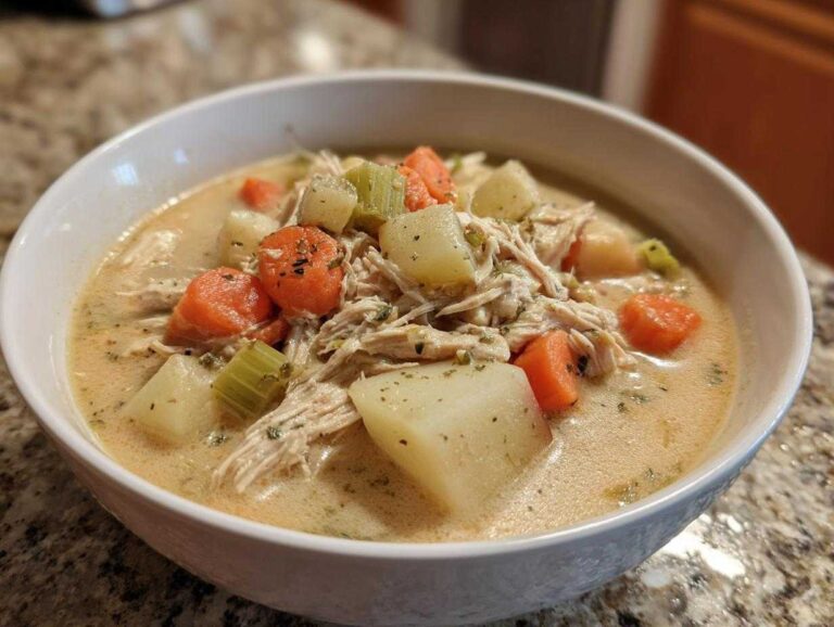 A close-up of a hearty bowl of creamy slow cooker chicken stew with visible chunks of carrots, potatoes, and celery.