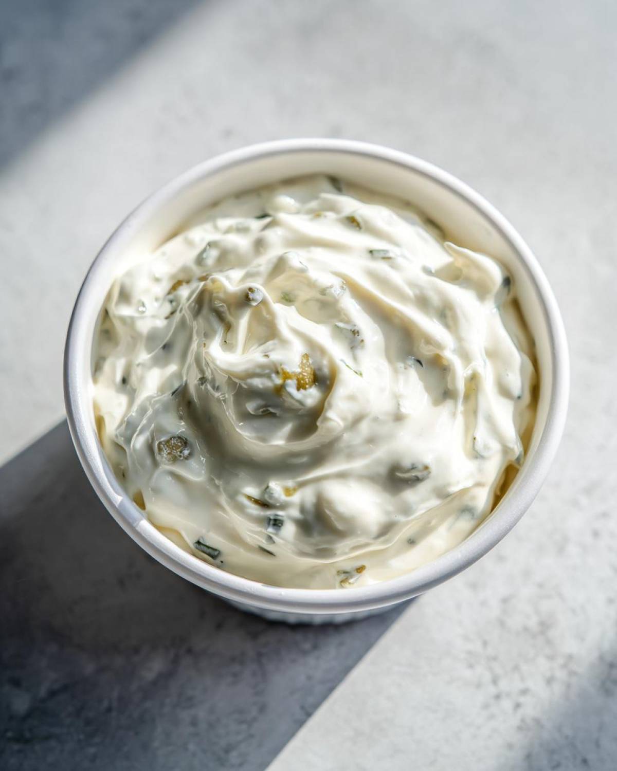 Close-up overhead shot of thick, creamy tartar sauce speckled with green herbs and relish pieces in a small white bowl.