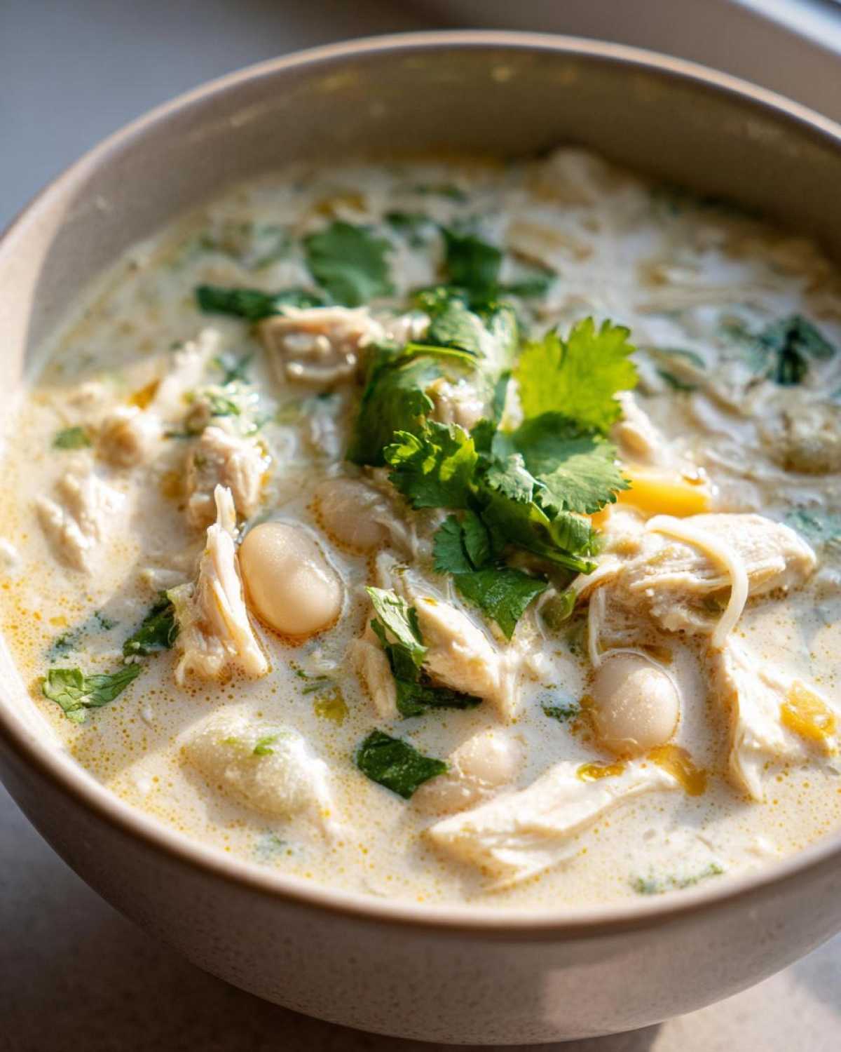 Close-up of a creamy white chicken chili featuring shredded chicken, white beans, and fresh cilantro garnish.