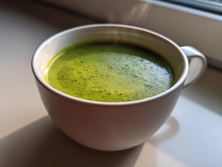 Close-up of a white mug filled with hot, vibrant green zucchini soup, showing steam rising.