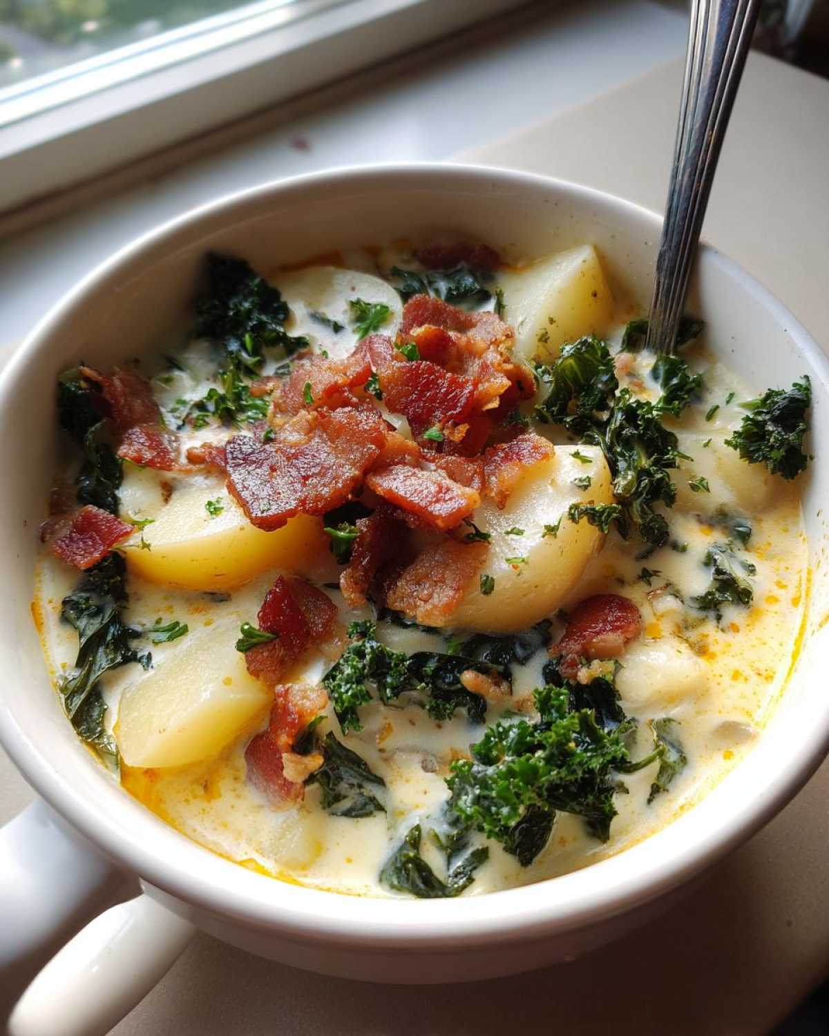 Close-up of a bowl of creamy zuppa toscana soup featuring potatoes, kale, and crispy bacon crumbles.