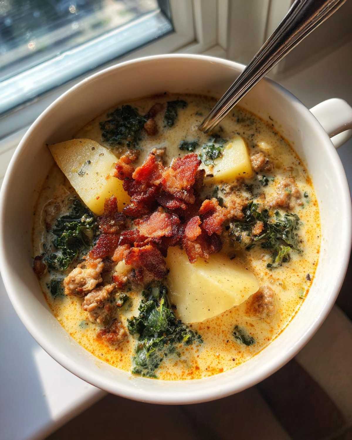 Overhead view of a bowl of creamy zuppa toscana soup topped with crispy bacon, potatoes, and kale.