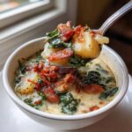 A spoonful of creamy zuppa toscana soup featuring potatoes, kale, and crispy bacon being lifted from a white bowl.