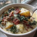 A spoonful lifting a piece of potato and kale from a bowl of creamy zuppa toscana soup.