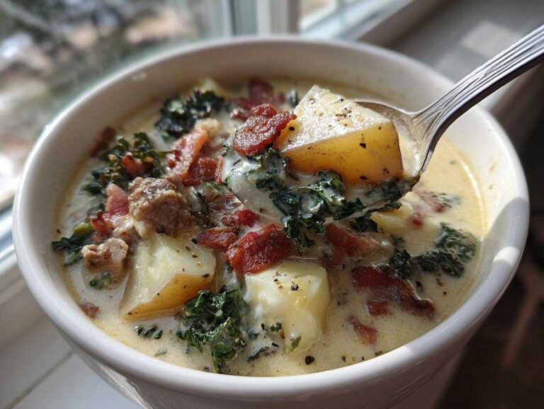 A spoonful lifting a piece of potato and kale from a bowl of creamy zuppa toscana soup.