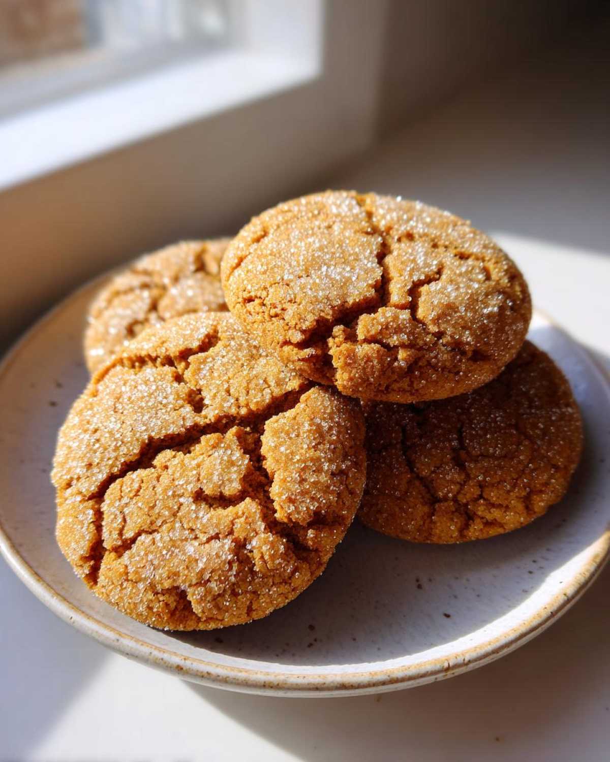 A stack of four crinkled brown butter sugar cookies, generously coated in sparkling sugar, sitting on a speckled plate.