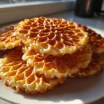 A stack of freshly made, golden brown pizzelle cookies with intricate honeycomb patterns resting on a white plate.