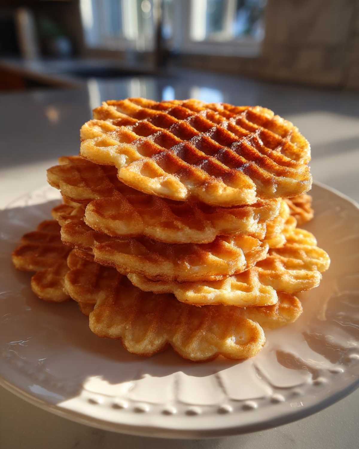 A tall stack of golden brown, crisp pizzelle cookies with a distinct waffle pattern, sitting on a white plate.