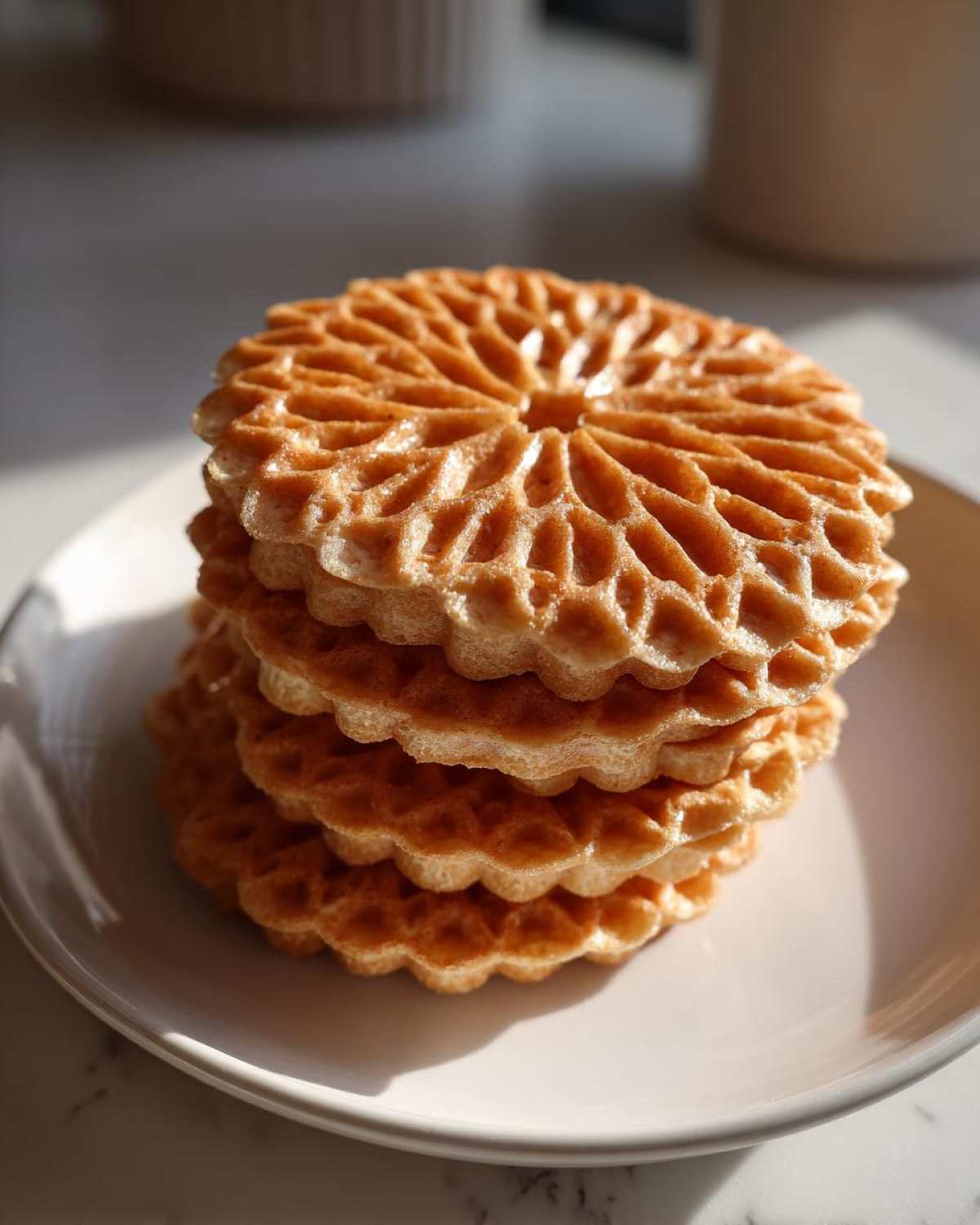 A close-up stack of four golden brown, crisp pizzelle cookies with intricate patterned edges.