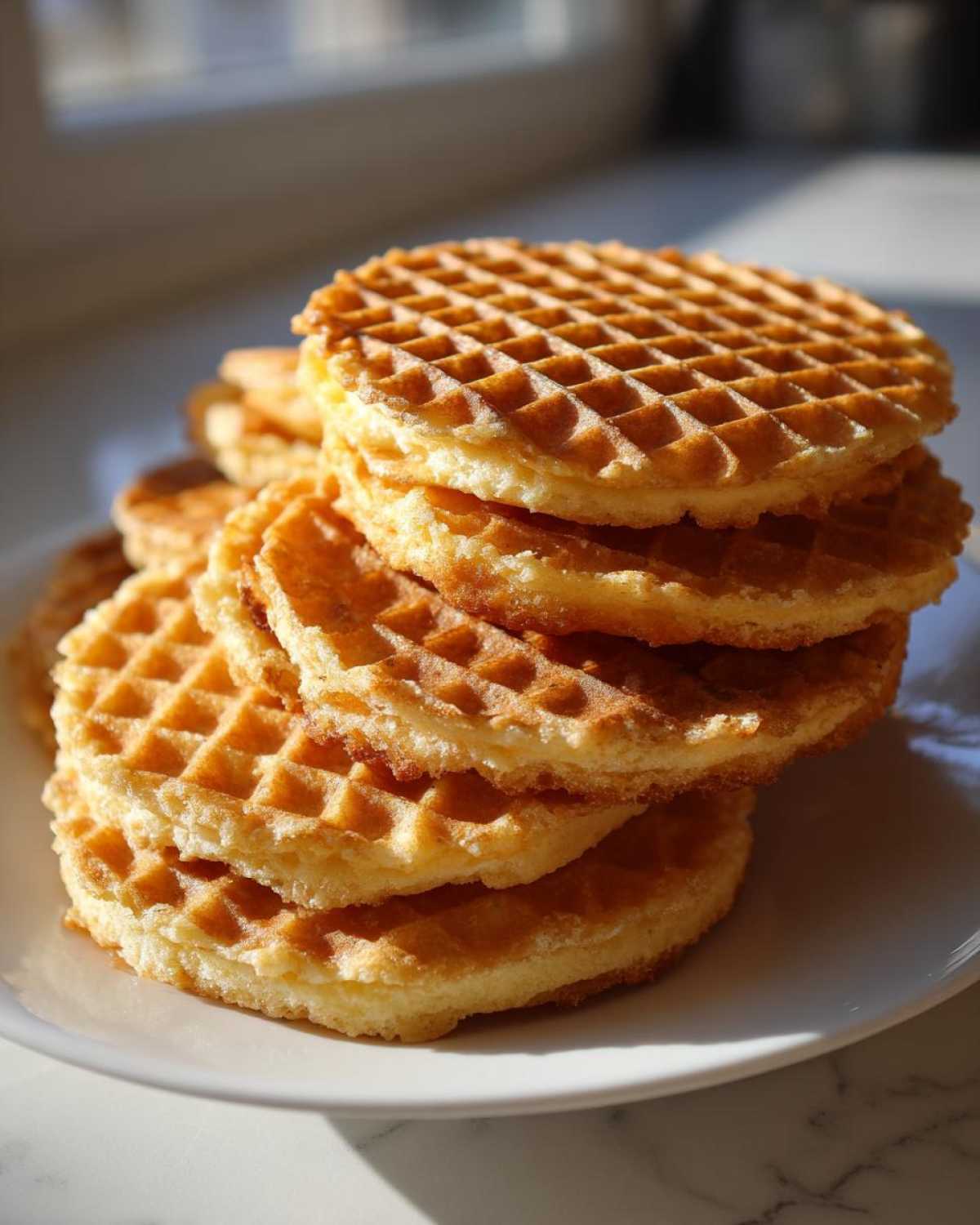 A stack of golden brown, crisp pizzelle cookies with a distinct waffle pattern, sitting on a white plate.