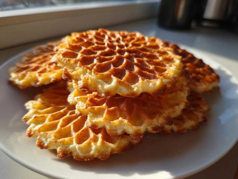 A stack of freshly made, golden brown pizzelle cookies with intricate honeycomb patterns resting on a white plate.