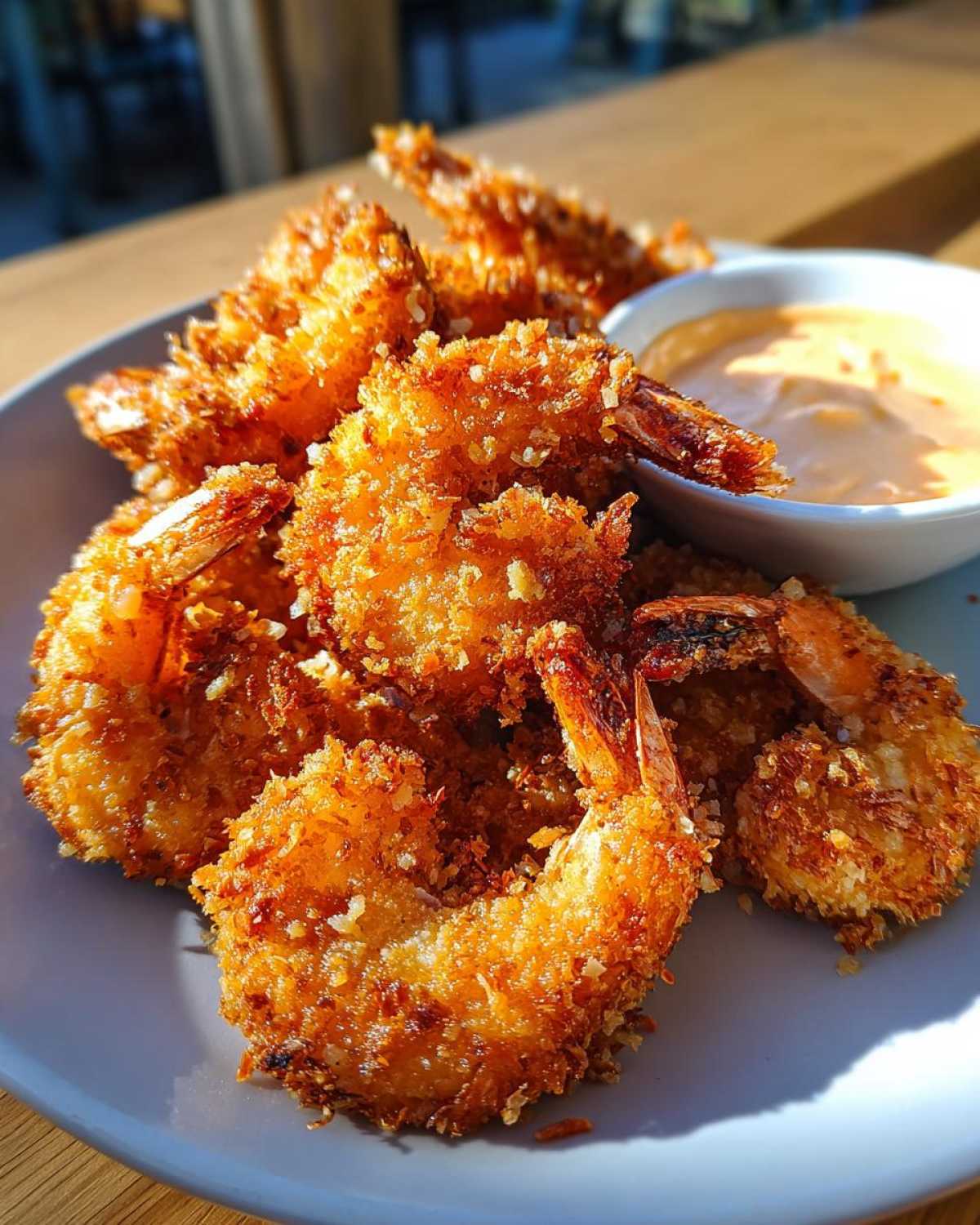 Close-up of golden brown, crispy coconut shrimp served on a plate next to a small bowl of orange dipping sauce.