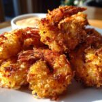 A close-up of perfectly fried, golden brown coconut shrimp recipe served on a white plate with dipping sauce in the background.