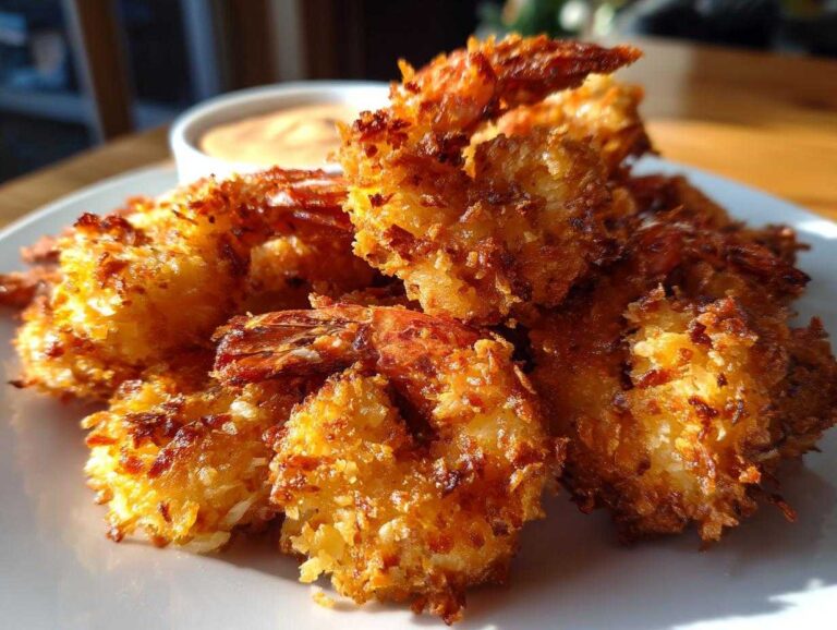 A close-up of perfectly fried, golden brown coconut shrimp recipe served on a white plate with dipping sauce in the background.
