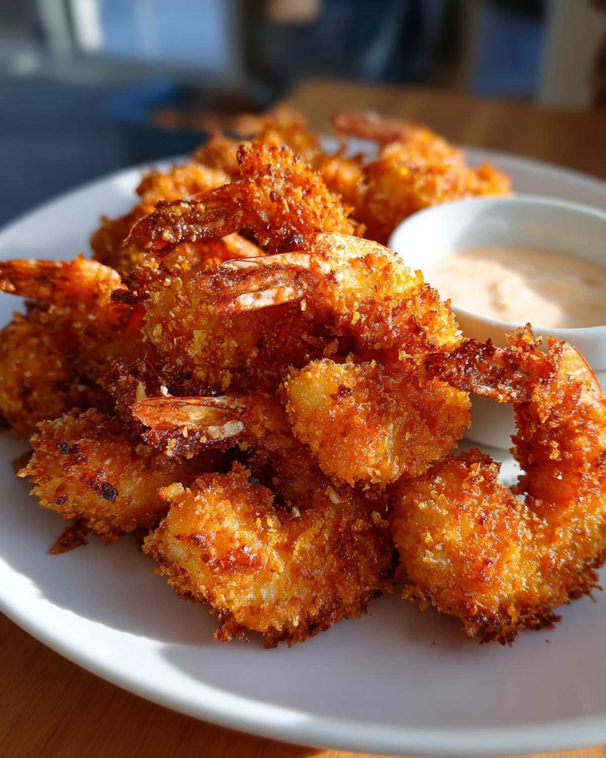 A close-up of golden brown, crispy coconut shrimp recipe served on a white plate next to a small bowl of dipping sauce.