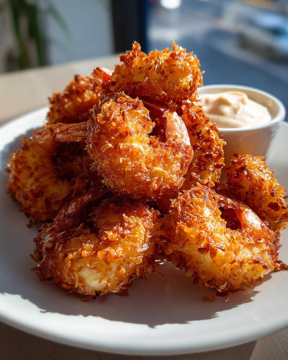 A pile of golden brown, crispy coconut shrimp recipe served on a white plate with a side of dipping sauce.