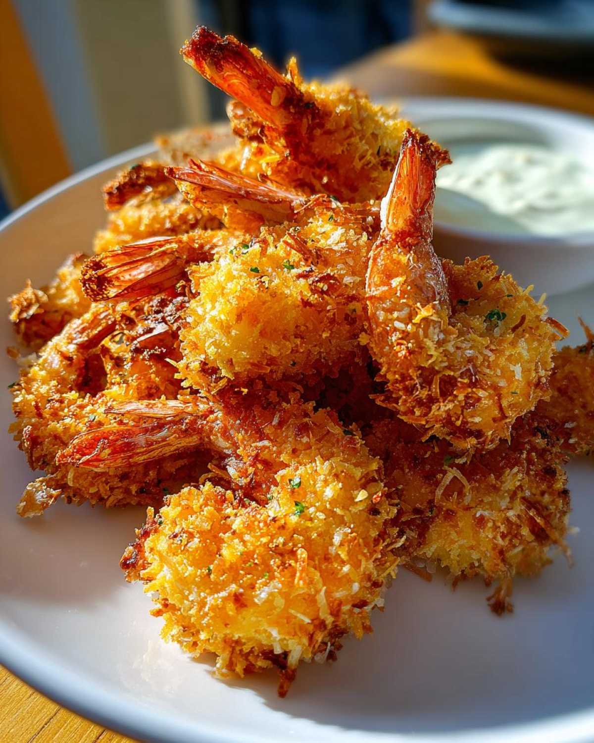 A close-up of perfectly golden and crispy coconut shrimp piled on a white plate, ready to eat.