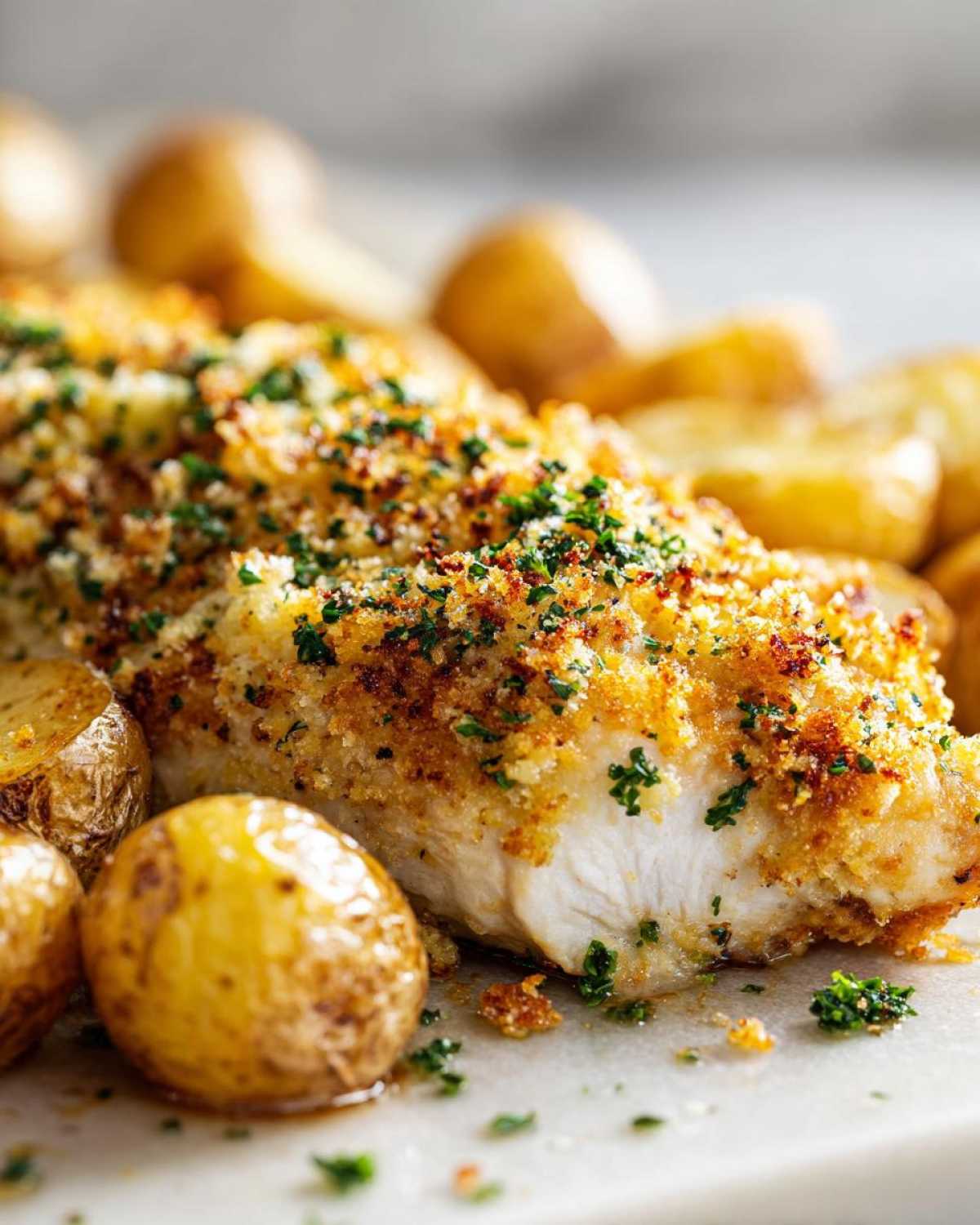 A close-up of a juicy garlic parmesan chicken breast with a golden, crispy topping next to roasted baby potatoes.
