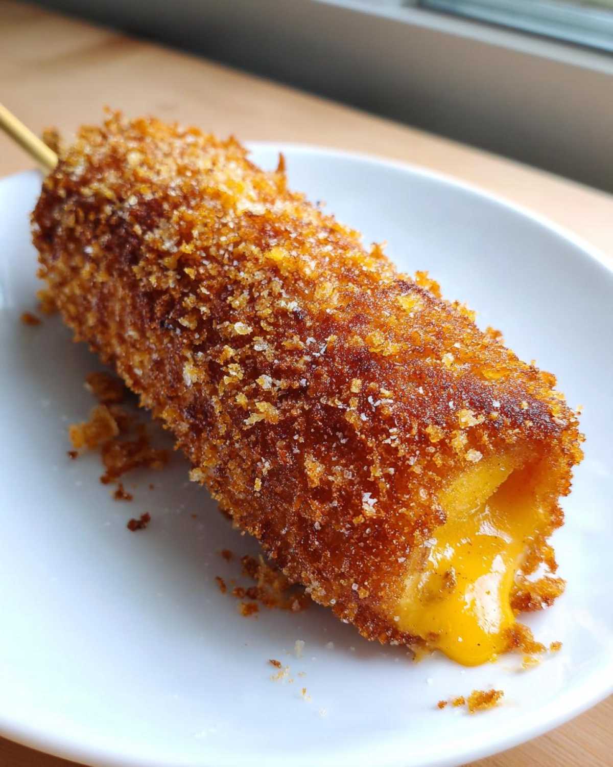 Close-up of a crispy Korean corn dog on a stick, showing melted cheese oozing out of the golden-brown, crunchy coating.