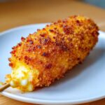 Close-up of a perfectly fried Korean corn dog with a super crispy coating and melted cheese oozing out.