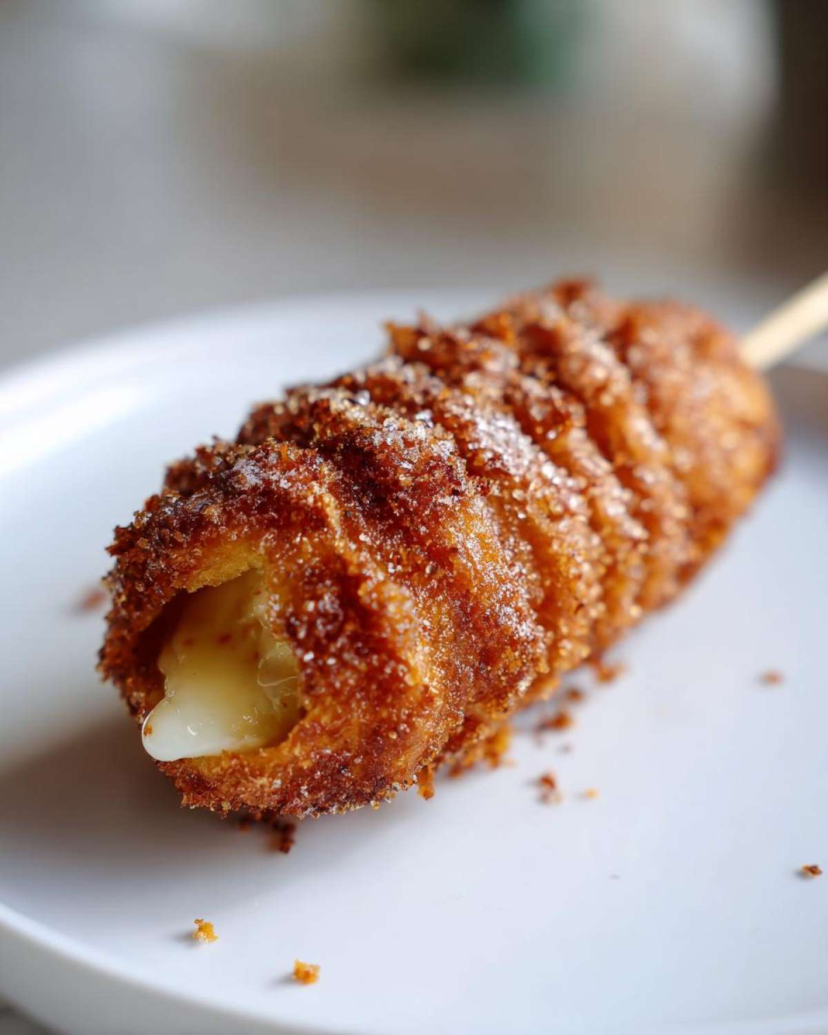 Close-up of a crispy, sugar-coated korean corn dog with melted cheese oozing out the end.