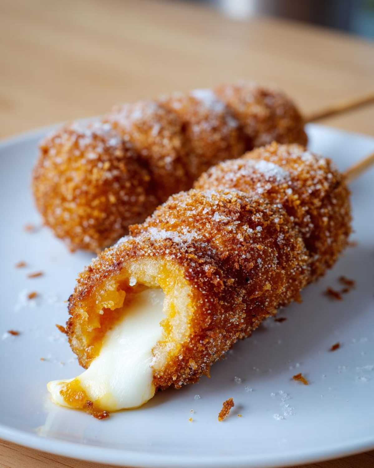 Close-up of a cheesy Korean corn dog, deep-fried and coated in sugar, showing melted mozzarella cheese stretching out.