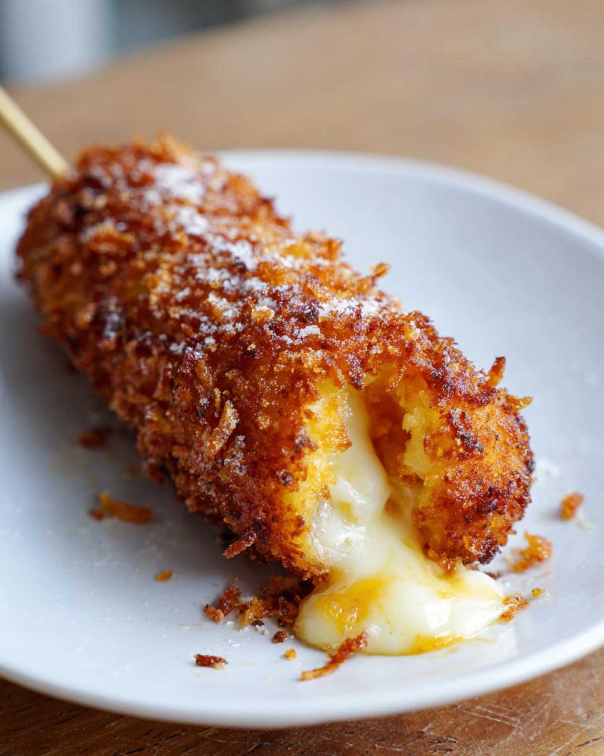 Close-up of a crispy Korean corn dog with a cheese pull, dusted lightly with sugar.