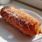 A close-up of a golden brown, crispy Korean corn dog generously dusted with granulated sugar, resting on a white plate.