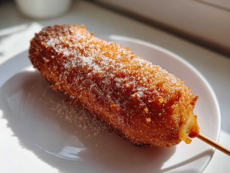 A close-up of a golden brown, crispy Korean corn dog generously dusted with granulated sugar, resting on a white plate.