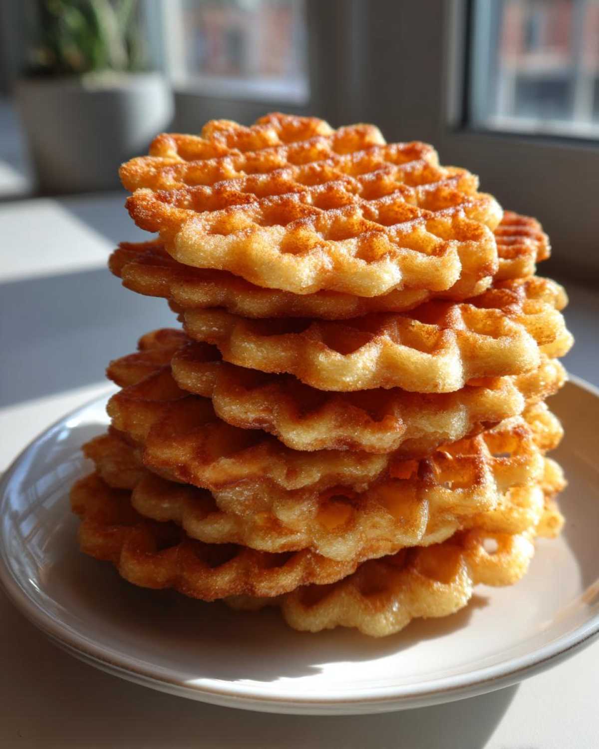 A stack of six golden brown, crispy pizzelle cookies with a delicate waffle pattern, sitting on a white plate.