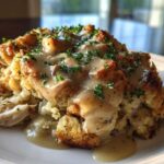 A generous serving of crock pot chicken and stuffing topped with creamy gravy and fresh parsley.