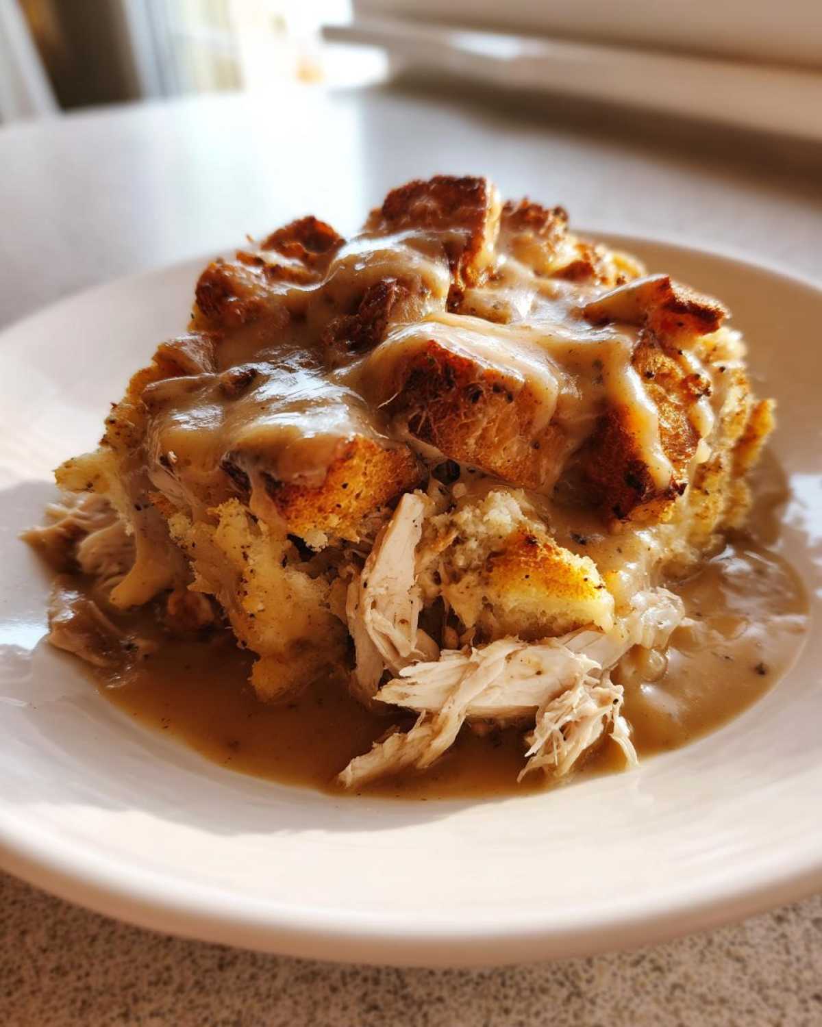 A serving of moist crock pot chicken and stuffing topped with rich brown gravy on a white plate.