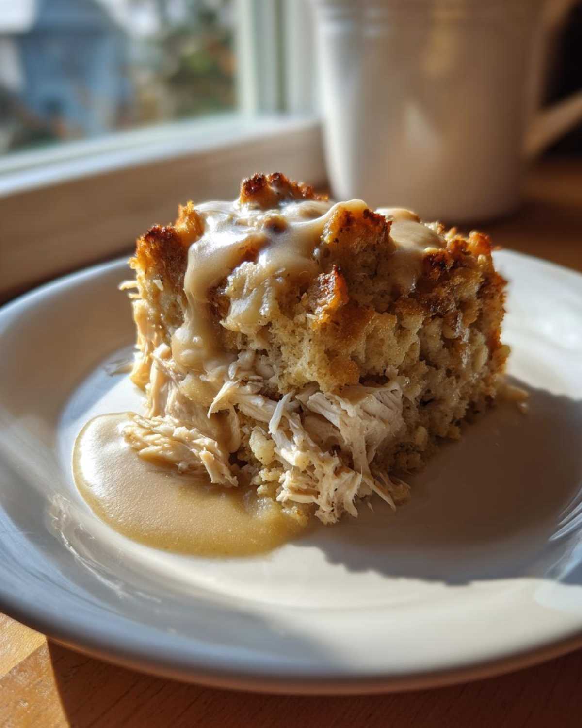 A square serving of crock pot chicken and stuffing topped with savory gravy on a white plate.
