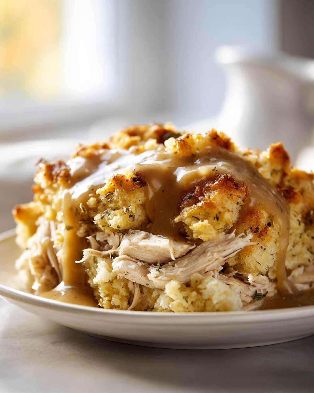 A close-up of a serving of moist crock pot chicken and stuffing topped generously with brown gravy.