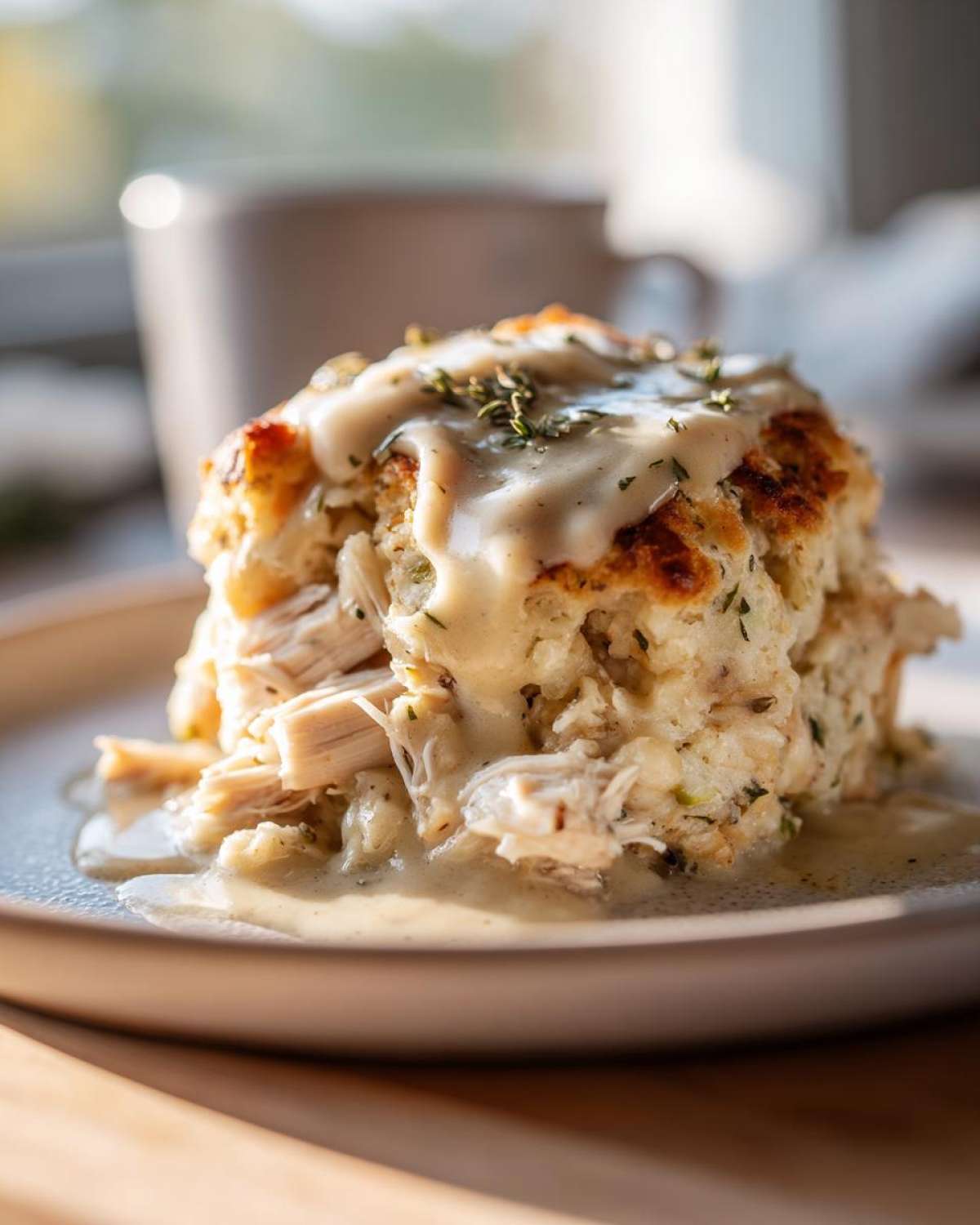 A close-up of a serving of crock pot chicken and stuffing topped with creamy gravy and fresh thyme.