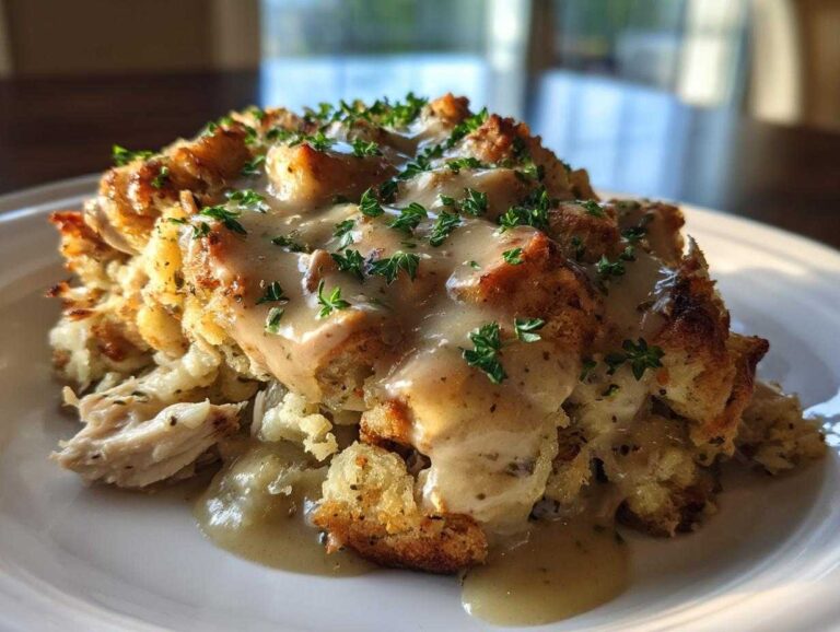 A generous serving of crock pot chicken and stuffing topped with creamy gravy and fresh parsley.