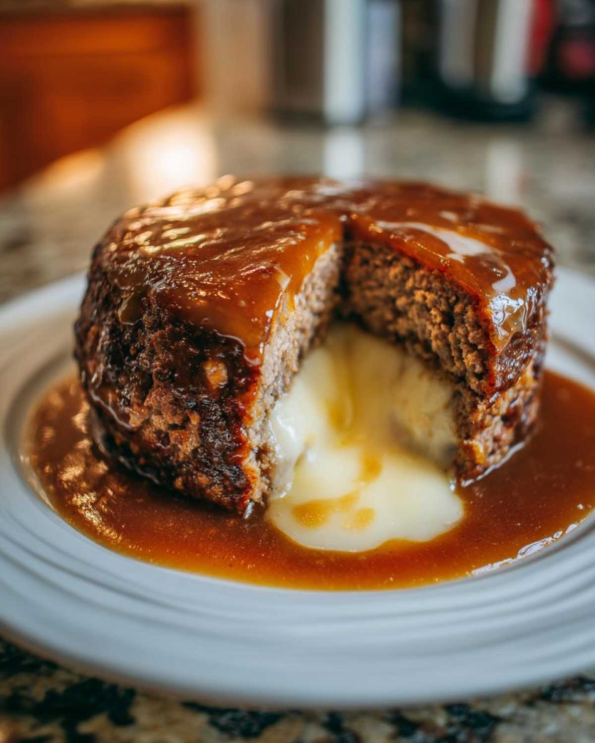 A slice cut from a crockpot french onion meatloaf revealing a melted cheese center, covered in savory brown glaze.